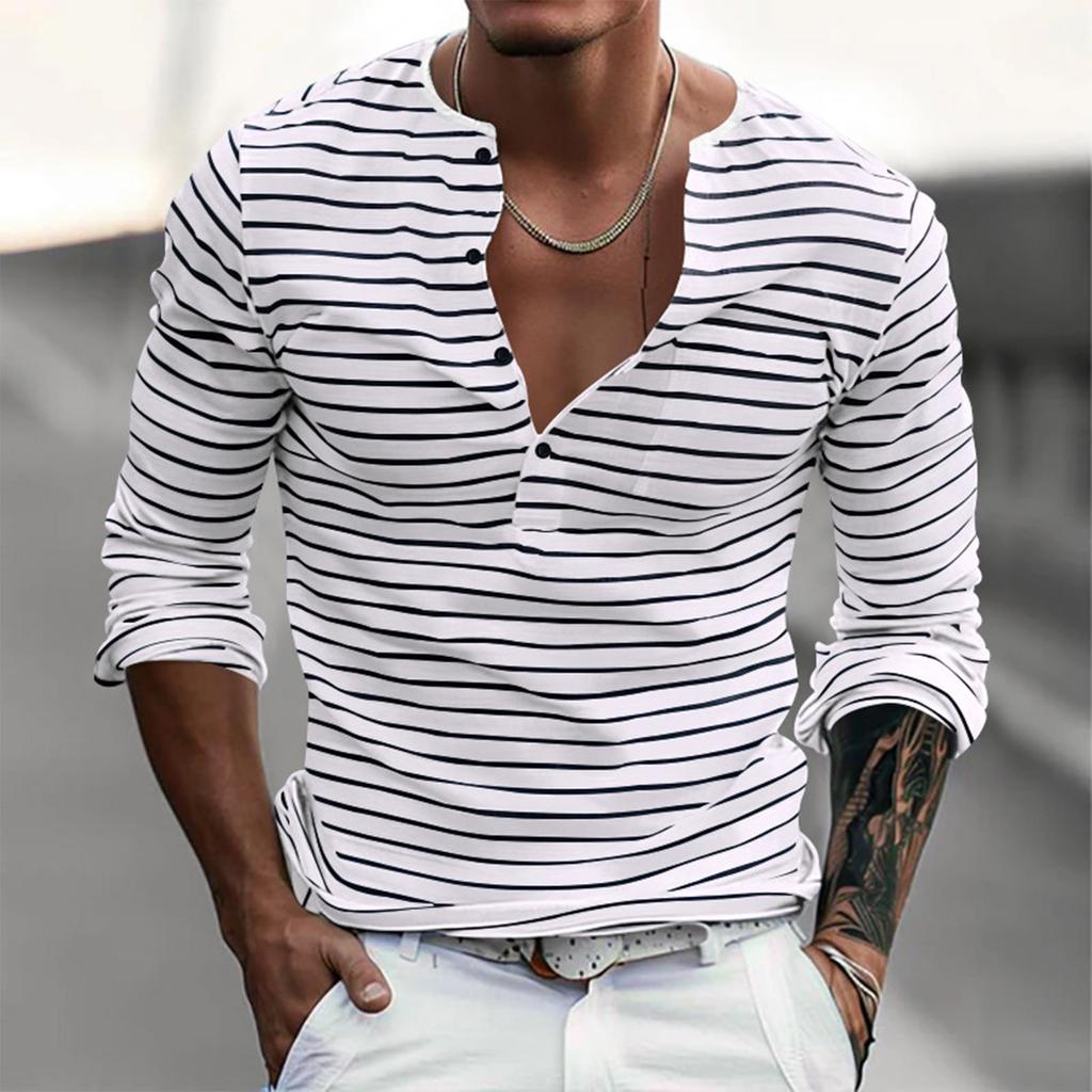 Men's Versatile Base Long Sleeved Shirt Casual Horizontal Striped T-shirt