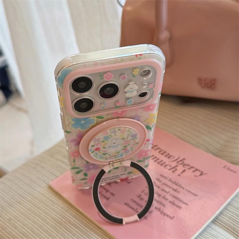 Кавайная Цветочная Собачка Кольцо-подставка Чехол для Телефона Для iPhone 15 16 17 Pro Max INS Милый Розовый Блестящий Прозрачный Ударопрочный Защитный Чехол