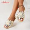 Aphixta New Gold Crystal Flower Slippers Women Summer Round Toe Shoes Outdoor Flat Heel Bling Slides Big Size43 Luxury Flip Flop