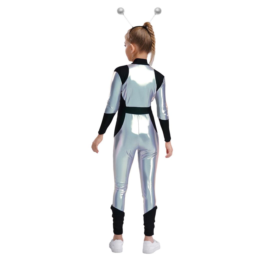 Детский Костюм Косплей Инопланетянин С Длинным Рукавом Высокая Талия Блестящий Металлический Молния Комбинезон Хэллоуин Боди