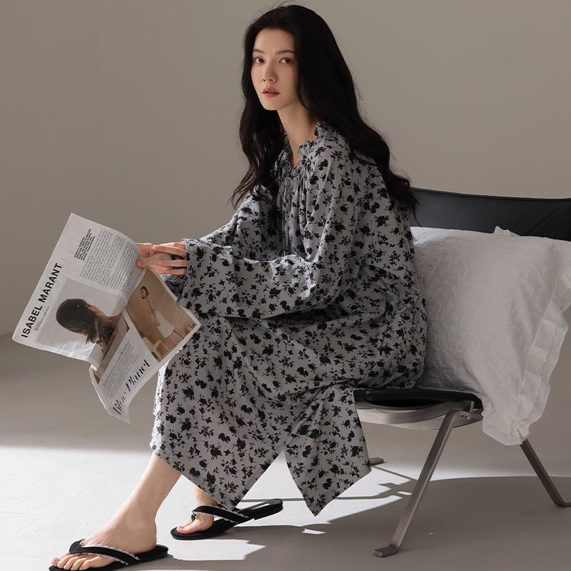 Womens Cotton Long Sleeve Nightgown Soft Loungewear Dress