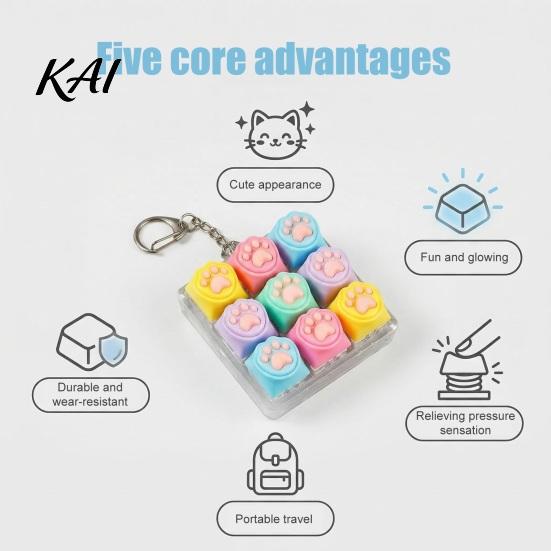 Desk Stress Buster Cat Paw Keyboard Fidget Toy 9-in-1 LED Light-up Keychain Decompression Travel Gadget Button Finger Clicker Work Relief