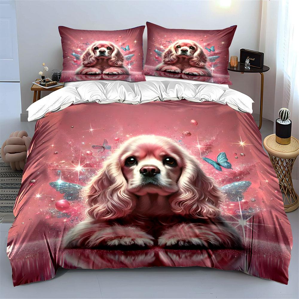 Pink Dog with Glitter Wings Bedding Duvet Cover Set (1*Duvet Cover 2*Pillowcases, without duvet insert)