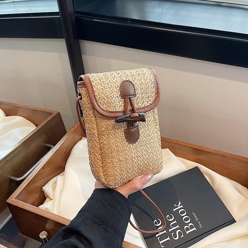 Seaside Holiday Woven Mobile Phone Bag Horn Button Crossbody Shoulder Bag Western Style Mobile Phone Bag