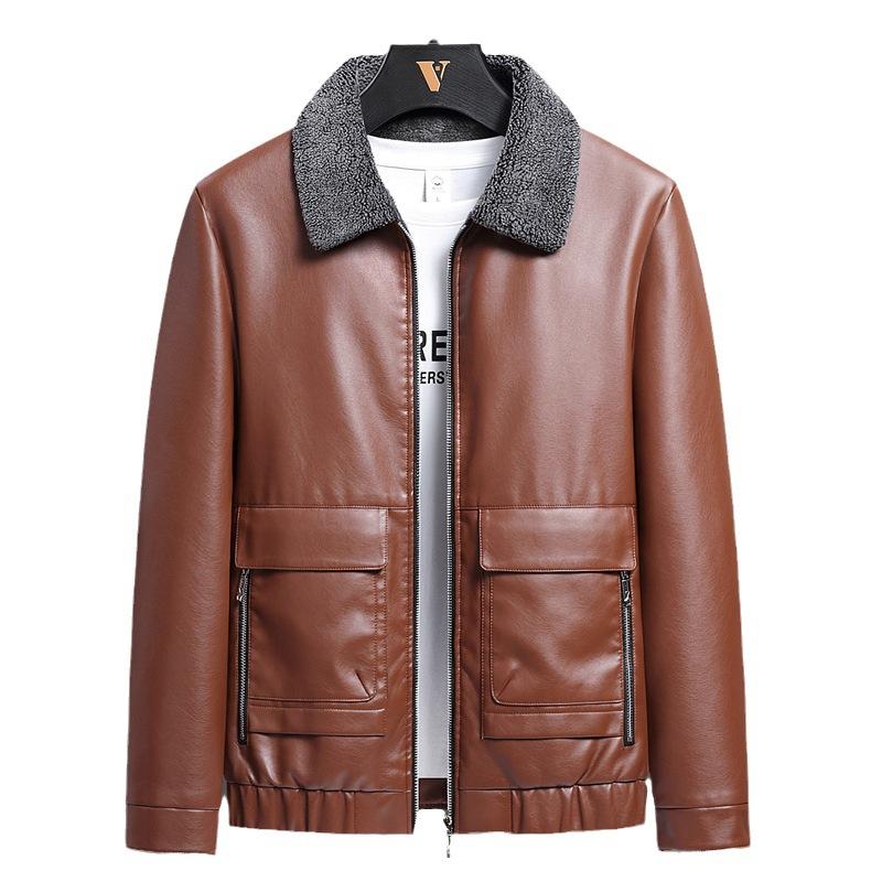 Осень и зима Новая мужская кожаная куртка с меховым покрытием Куртка с лацканами Корейская версия Повседневная куртка Мужская кожаная куртка Мужская одежда