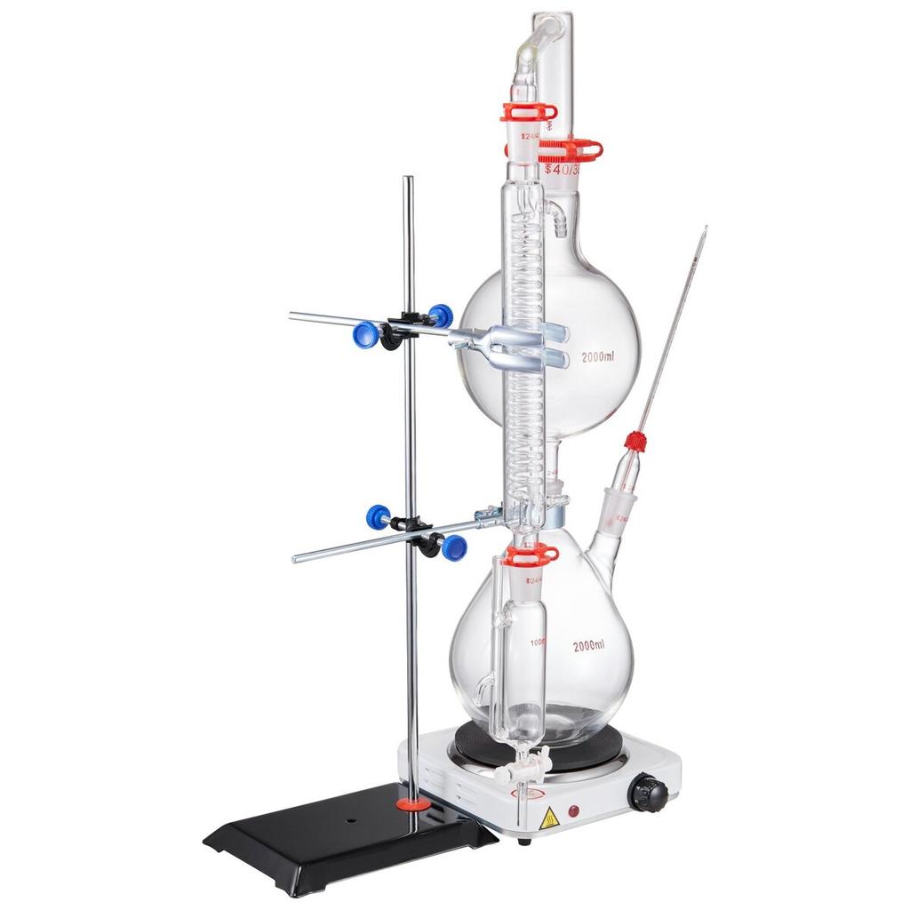 Essential Oil Distillation Kit, 2000ml Distillation Apparatus, 3.3 Boro Lab Glassware Distillation Kit with 1000W Heating Plate and 24, 40 Joint, 28