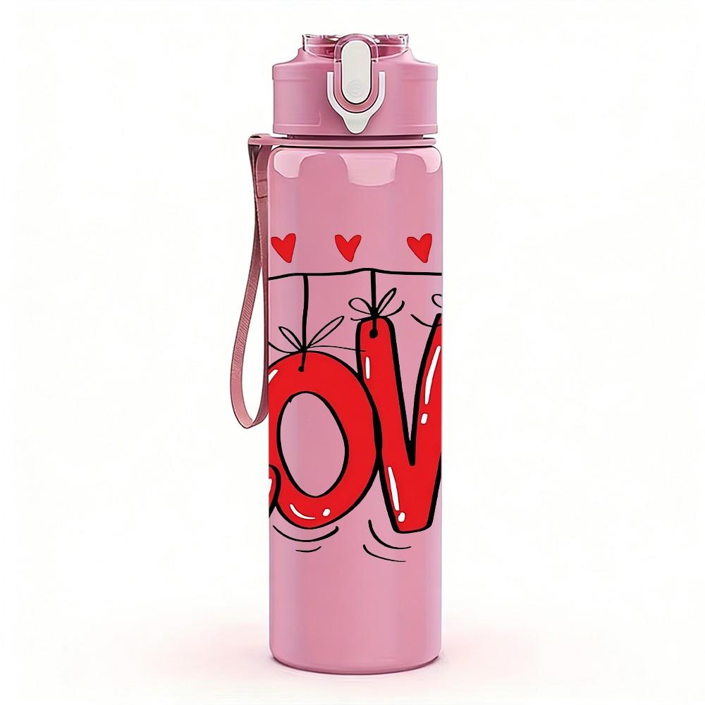 1PC Bold Red Love Word With Hearts Art Print 750ml Color Plastic Sports Water Bottle Leakproof Flip Straw Lid Suitable for Sports Office Home Use