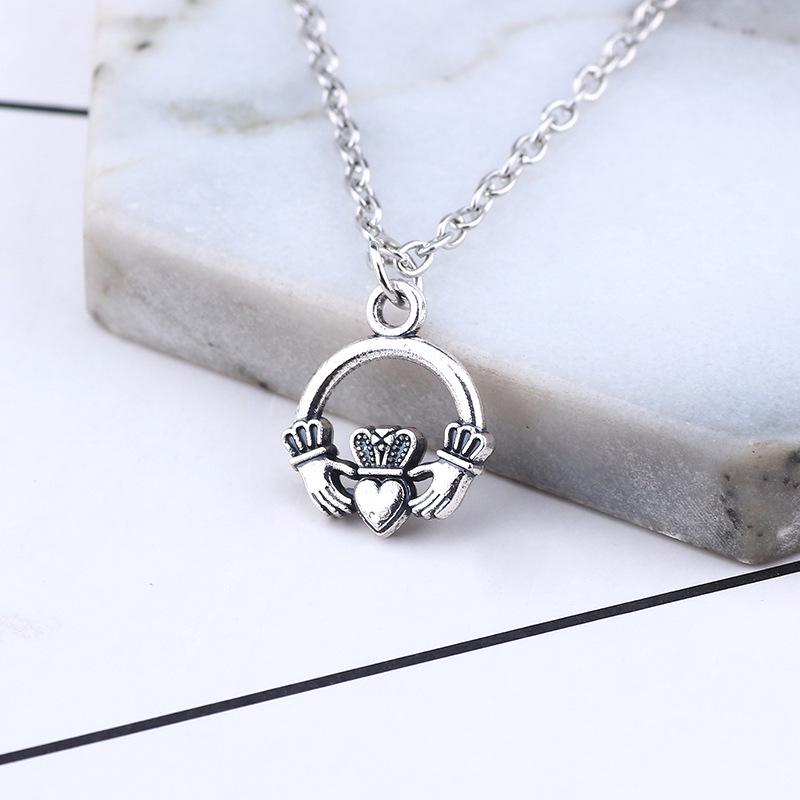 Retro Crown Necklace with Hands Holding Heart Pattern Ornament Christmas Birthday Gift