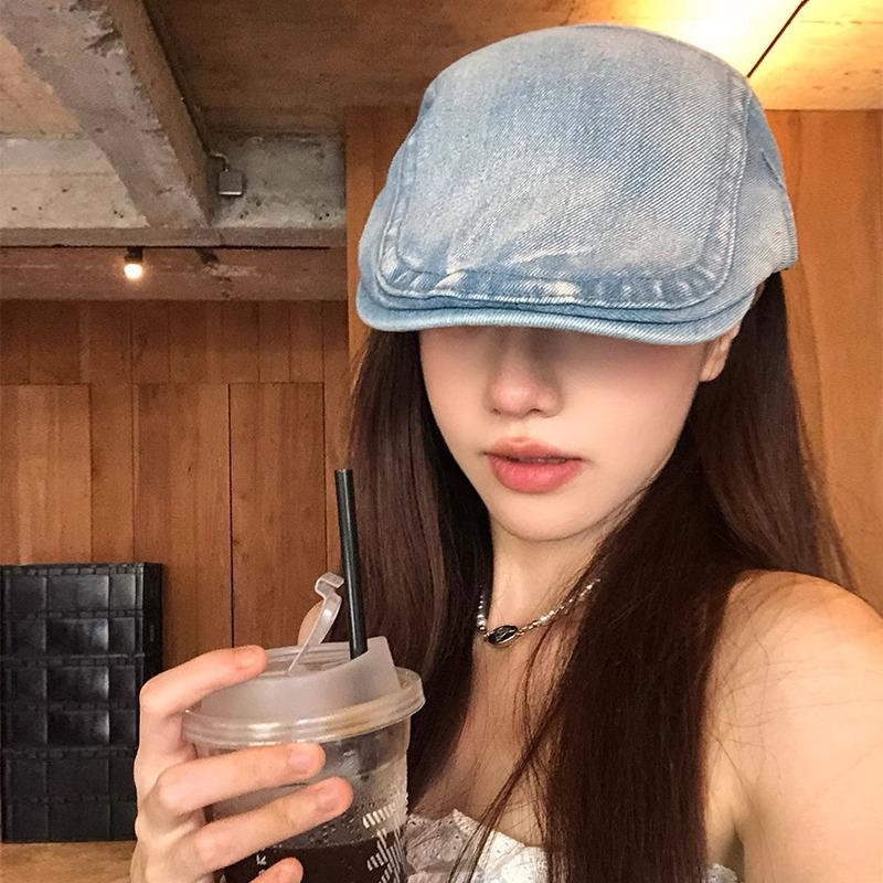 Retro Harajuku Style Washed Denim Forward Hat For Men And Women Spring Summer Casual Versatile Show Face Small Literary Berets