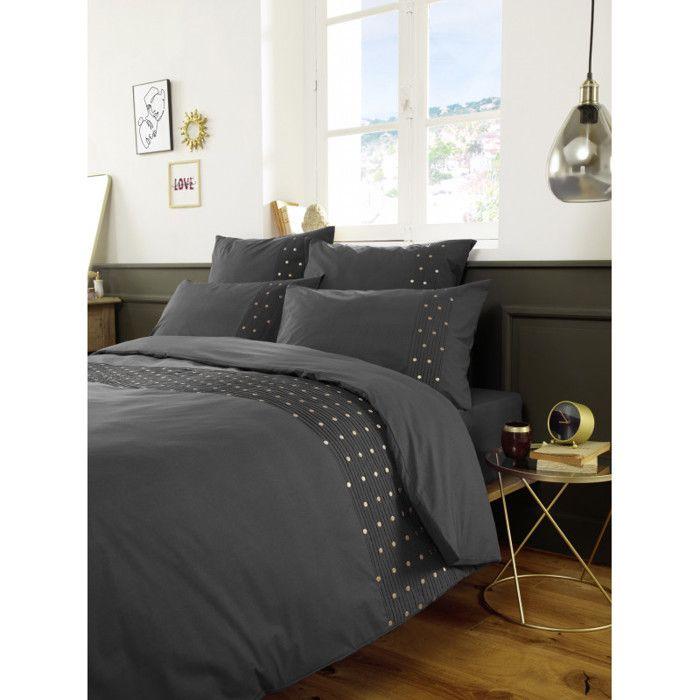 Housse de couette "Agathe" toutes dimensions avec plis religieuses et pois brodés - Agathe Poivre - Housse de couette 260 x 240 cm