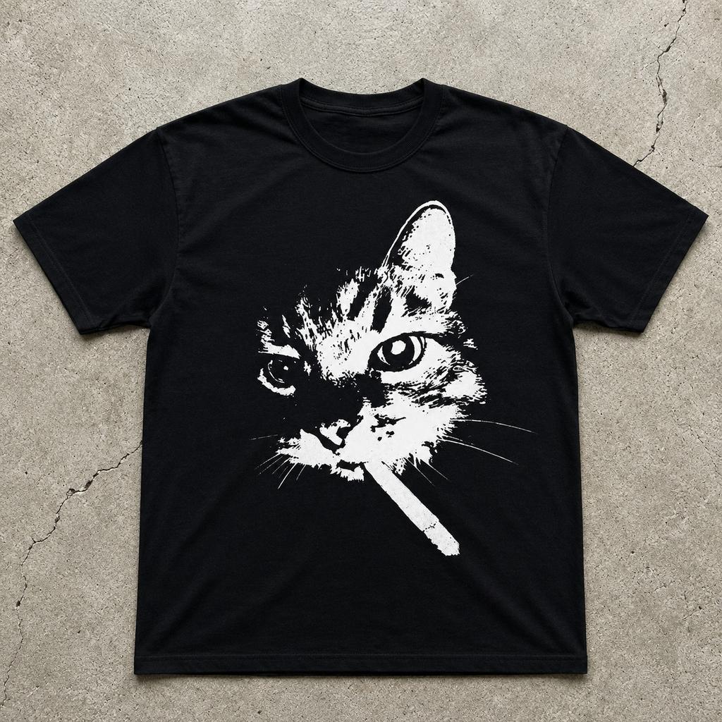 Vintage Rebel Cat T Shirt Retro Grunge Punk Gangster Graphic Tee Y2K Art