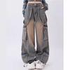 Women Blue Oversize Cargo Jeans Harajuku Vintage Baggy Y2k Denim Trouser Aesthetic Wide Jean Pants Trashy Clothes