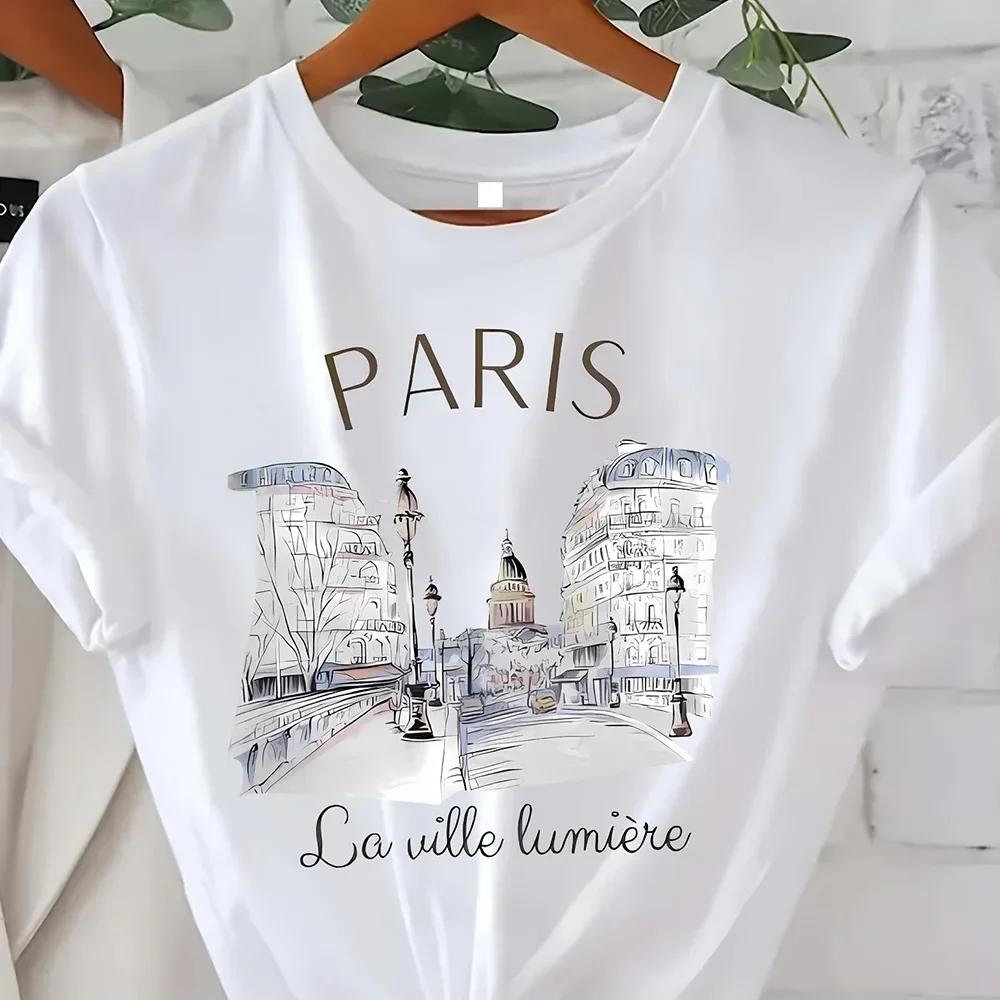 Vintage Elegant O-neck Short Sleeved T-shirt Paris Tower Printed Top High-quality Comfortable And Minimalist Women's Clothing