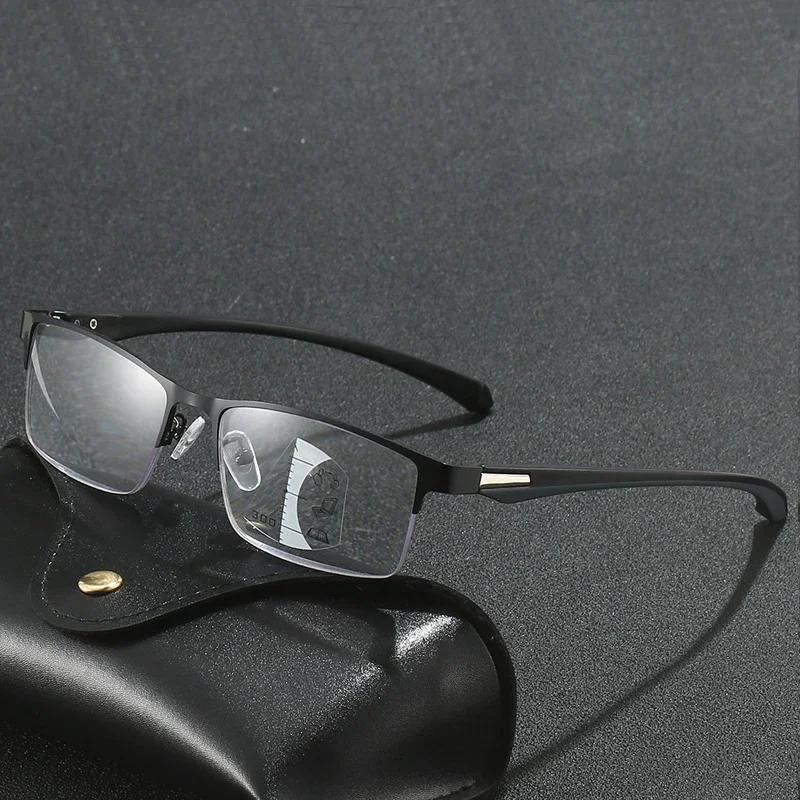 Progressive Multifocal Photochromic Reading Glasses Anti-Blue Light Far Sight Glasses Men Half Frame Business Presbyopia Glasses