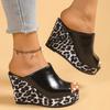 Fashion Leopard Print Wedge Sandals for Women Retro Slip On Platform High Heel Sandals Woman Summer Thick Sole Peep Toe Mules Slippers