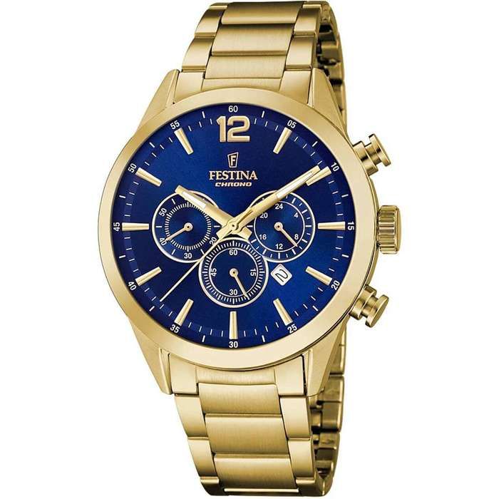 Watch - Festina - Men's Steel Bracelet - Gold - Blue Dial - Quartz Movement