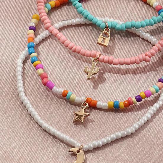 4Pcs Foot Chains Vibrant Color Exquisite Pendant Eye-catching Colorful Women Elastic Beaded Anklet Jewelry