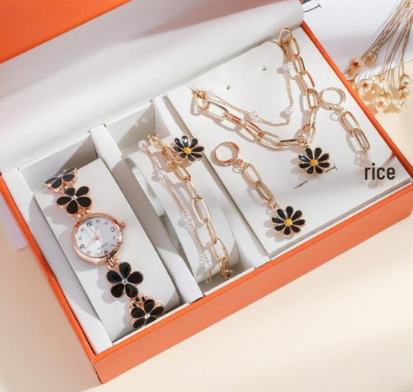 Ladies' Versatile Gift Set: Fashion Floral Chain English Watch & Daisy 5-Piece Set.