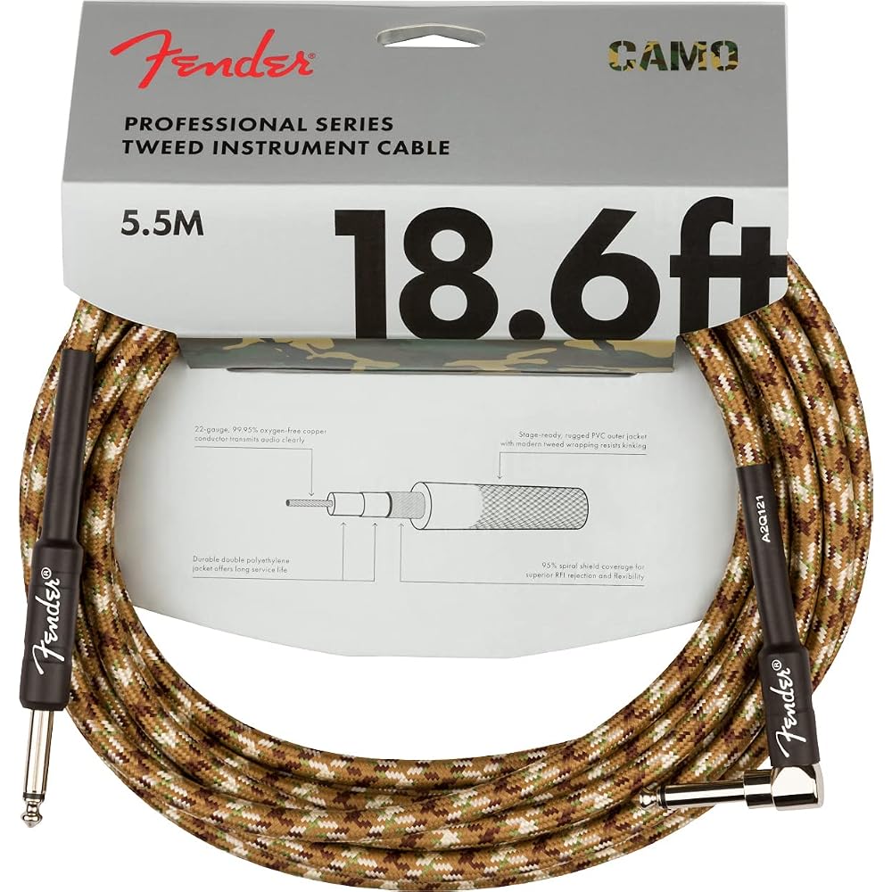 Fender 18,6 футов Профессиональный инструментальный кабель Прямой угол Камуфляж Пустыня - 1 упаковка