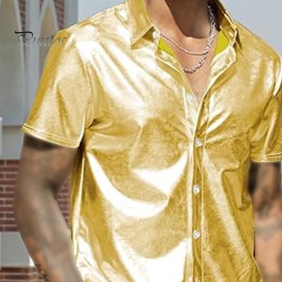 Мужская летняя рубашка с глянцевой поверхностью, отложным воротником, однобортный кардиган, свободная рубашка для вечеринок, повседневная одежда средней длины, топ