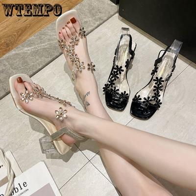 Сандалии женские летние в Риме на эластичном ремешке и пряжке со стразами и цветами, прозрачные толстые туфли на высоком каблуке с кристаллами