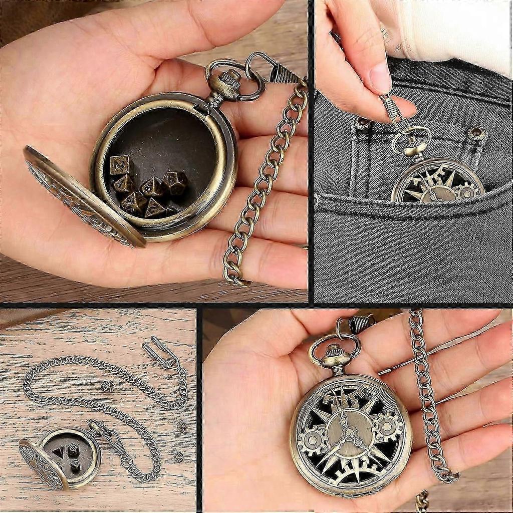 Mini DND Dice Set with Steampunk Bronze Hollow Case for Pocket Watch, 7Pcs Polyhedral Metal Dice Set, Dungeons and Dragons Gifts