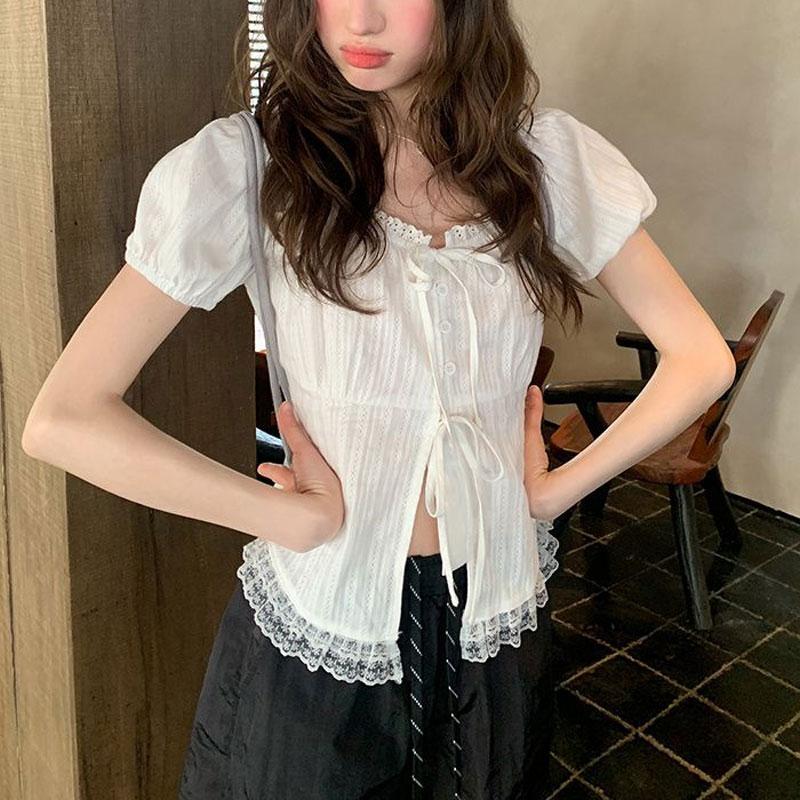 Summer Sweet Lace Spliced Shirts Stylish Drawstring Female Clothing Solid Color Elegant Square Collar French Style Slim Blouse