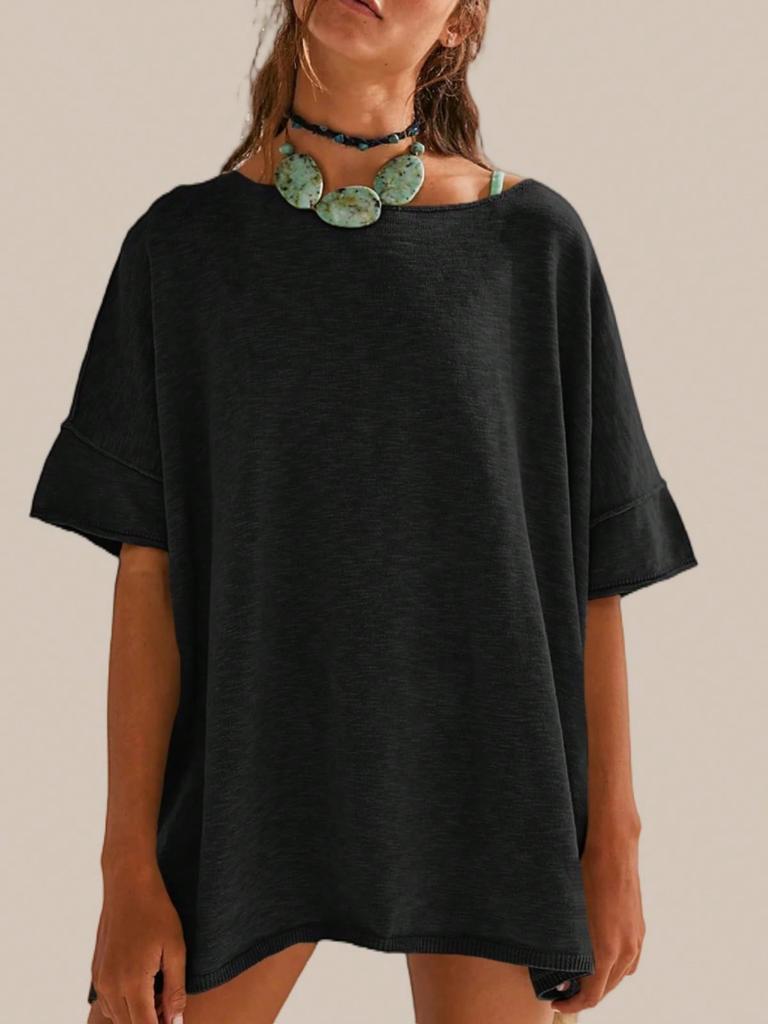 Women's Oversized T-Shirt Crew Neck Short Sleeve Side Slit Loose Summer Blouse Top