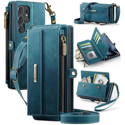 Чехол TKdaddy CASEME Серия C39 Для Samsung Galaxy S25 Ultra Чехол Блокировка RFID 9 Слотов для Карт Кошелек на Молнии Подставка Кожаный Чехол с Ремешком Зеленый