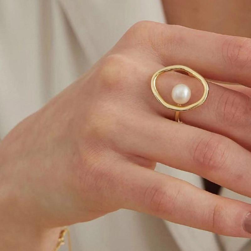 925 Sterling Silver Pearl Rings For Women New Fashion Simple Gold Plated Hollow Geometric Elegant Bride Jewelry