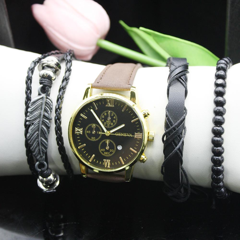 5 шт. набор стиль простые часы кожаный ремешок для часов круглый циферблат мужские роскошные кварцевые часы включают браслет коробка для деловой активности