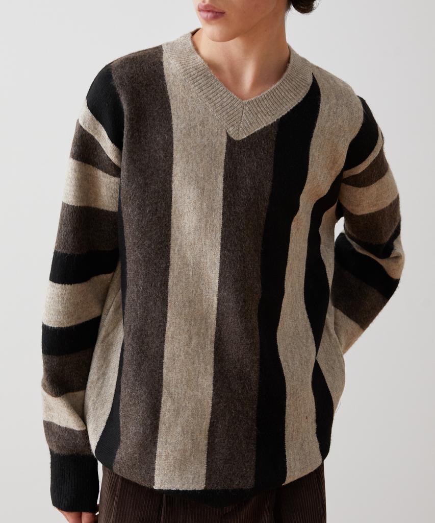 TRIP LE SENS Lambswool Multi-Stripe V-Neck Knit_Brown