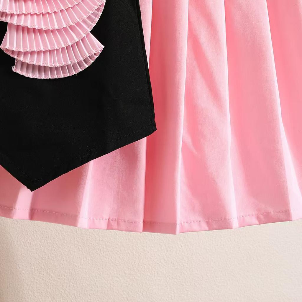 Детская одежда для девочек 4-8 лет, летний комплект, топ без рукавов с цветочным принтом + розовая плиссированная юбка, милый комплект с юбкой