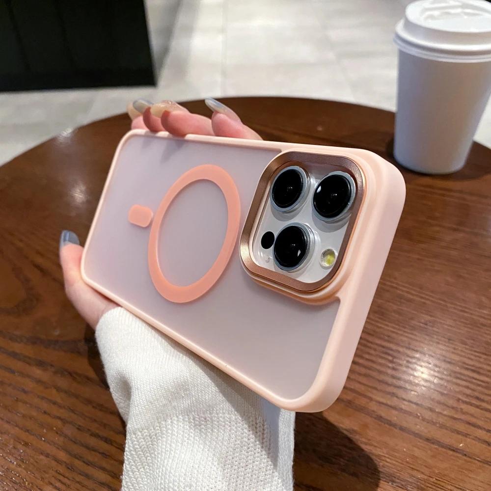 Матовый противоударный магнитный чехол для телефона для iPhone 15 14 13 12 11 Pro Max Plus для Magsafe с беспроводной зарядкой, металлическое кольцо для камеры