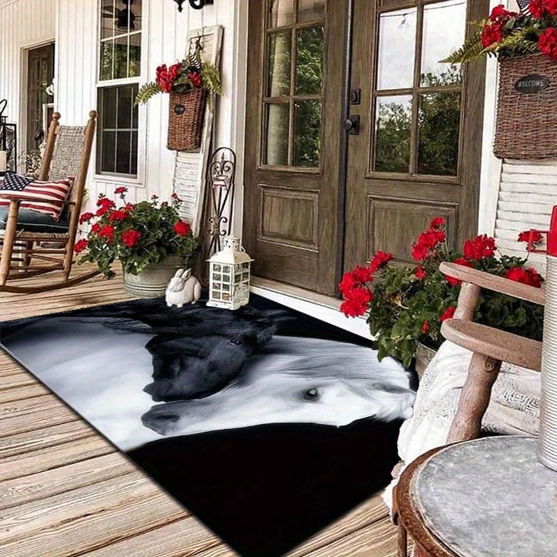 Large Non-Slip Crystal Velvet Rug – Black White Horse Design, Durable Stylish Floor Mat for Balcony Pool  Indoor Rooms