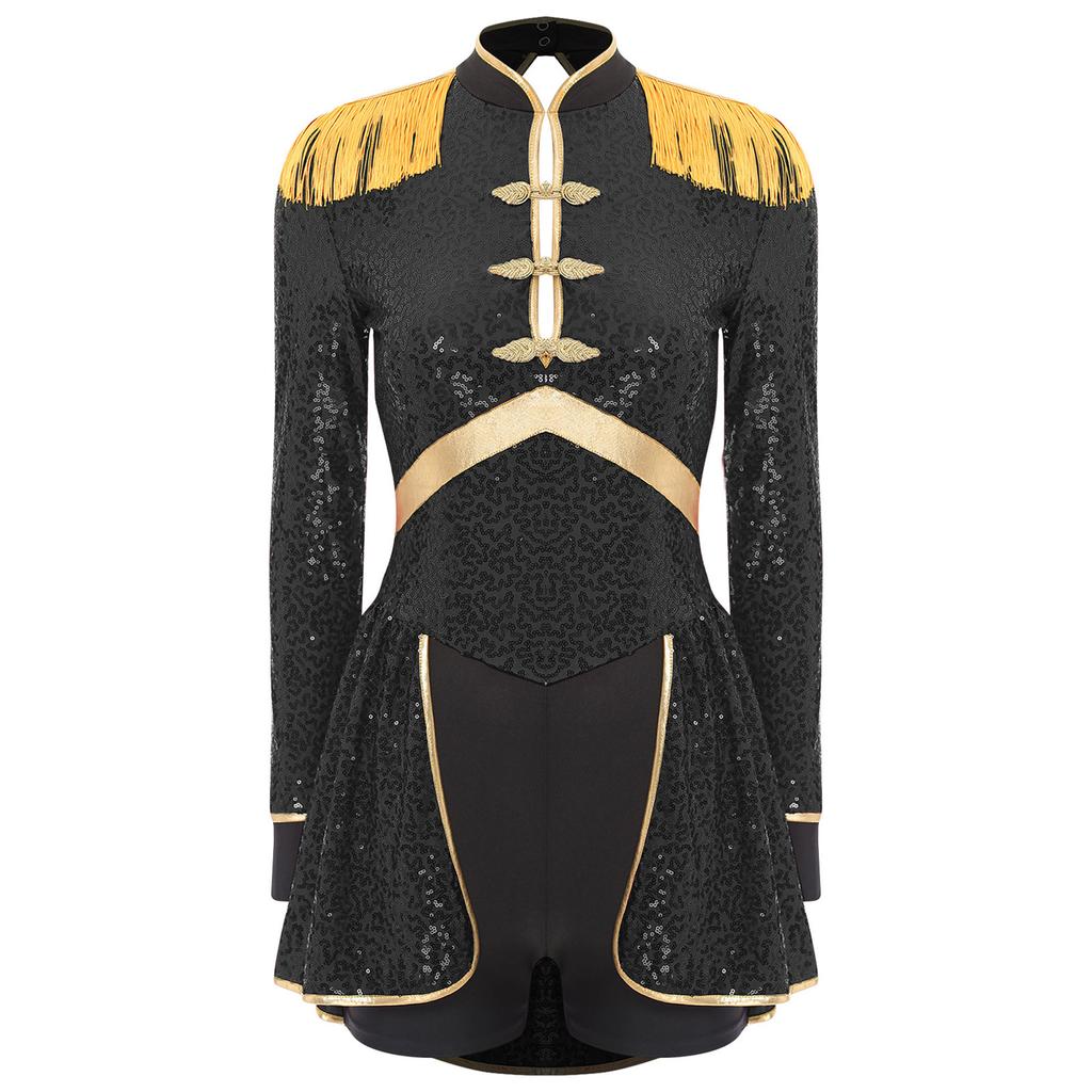 Women Circus Magician Cosplay Bodysuit Long Sleeve Sequins Fringe Epaulet Ringmaster Drummer Halloween Costume