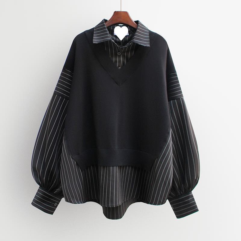 Spring Autumn Combination Fake Two Piece Women's Shirts Korean Loose Fashion Shirt