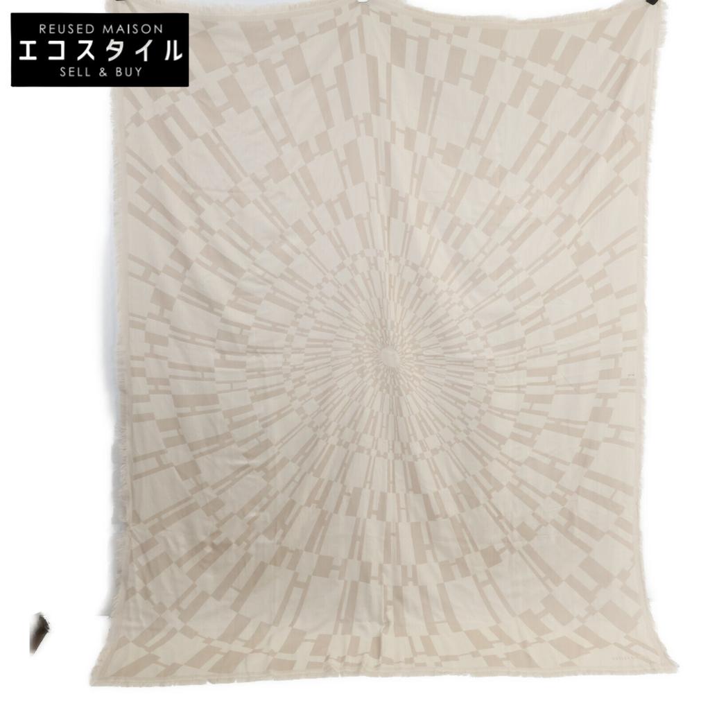 Hermes Large Cashmere Silk H Motif Fringe Stole Light beigeUsed