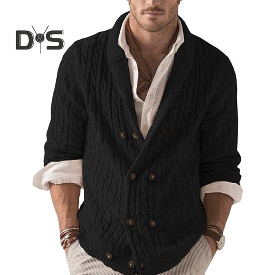 Осень-зима мужской свитер двубортный с пуговицами и лацканами, длинные рукава, скрученная фактура, однотонное толстое эластичное трикотажное пальто