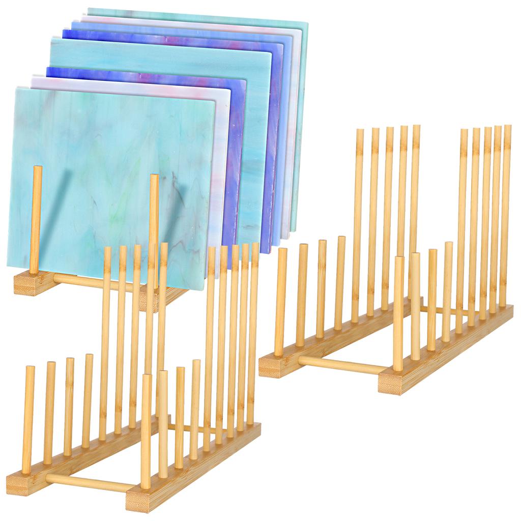 3Pack Stained Glass Organizer Bamboo Dish Plate Rack Wooden Dish Plate Stand Stained Glass Holder Space Saving Bamboo Drying