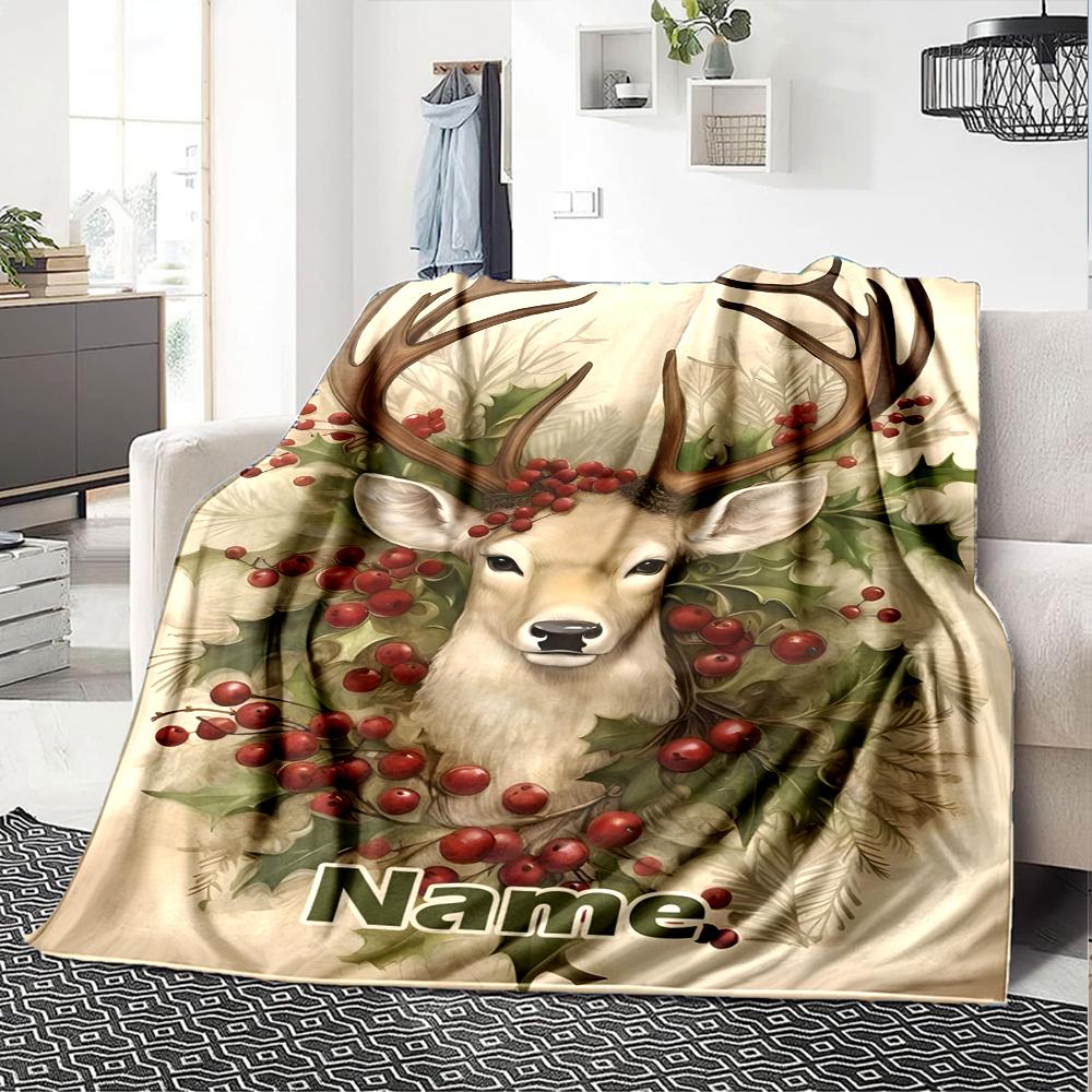 Custom Name Christmas reindeer Theme Printed Blanket - Perfect for Couch, Bed, Travel & Outdoor Use | Machine Washable, Cozy & Durable.