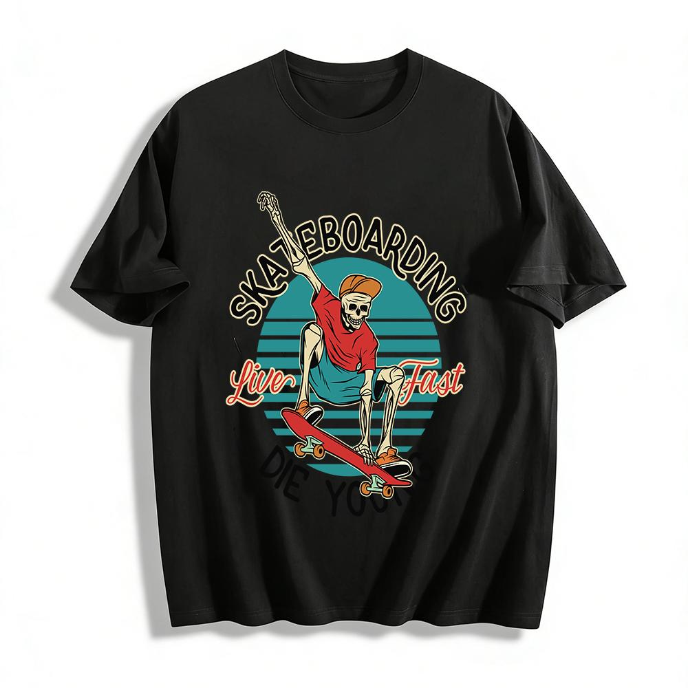 Винтажная футболка с графикой скейтборда "Скелет" Live Fast Die Young Streetwear Топ Хлопковая футболка
