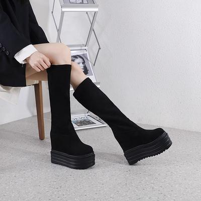 Модные зимние женские ботильоны на высоком каблуке, на толстой подошве, на танкетке, 13 см высокий каблук, туфли на платформе, черные высокие ботинки, женские