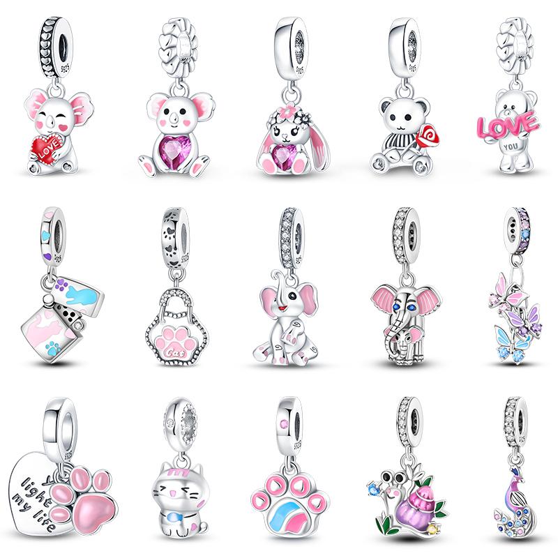 925 Серебряный цвет Кот Медведь Слон Кролик Милые розовые животные Подвески Бусины Подходит 925 Оригинальные Браслеты Изящные DIY Ювелирные Изделия Подарки