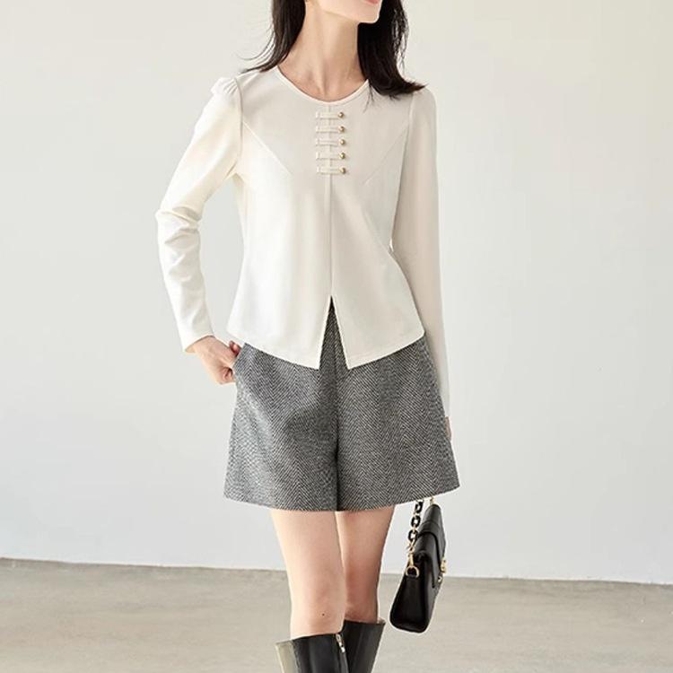 New Chinese Style Long-sleeved T-shirt for Spring New Women's Small Slit Loose Lazy Top