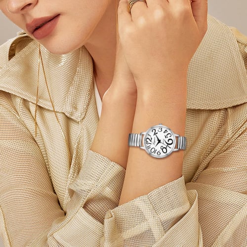 Women's Analog Watch with Large Numerals, Elastic Strap, One Size Fits Most, Simple and Stylish Quartz Watch, Silver, Fashion Accessory, Perfect Gift
