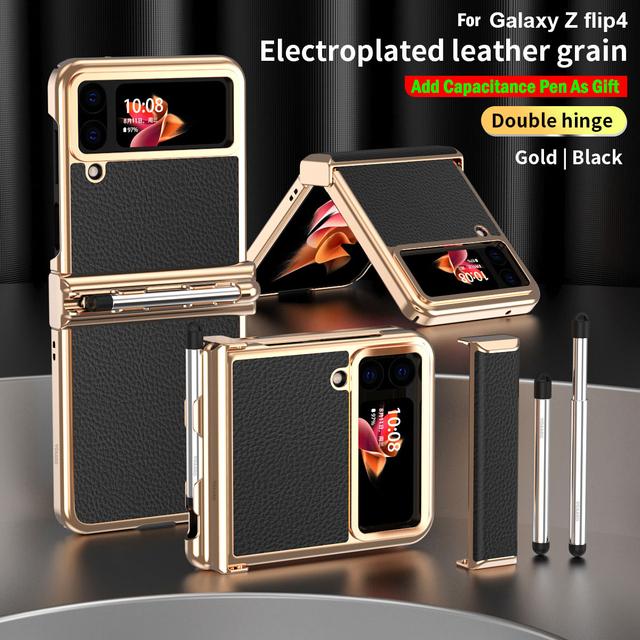 For Samsung Z Flip 4 Case Dual Hinge With Pen Slot Plating Leather Cover For Galaxy Z Flip 4 Hinge Case +Capacitance Touch Pen