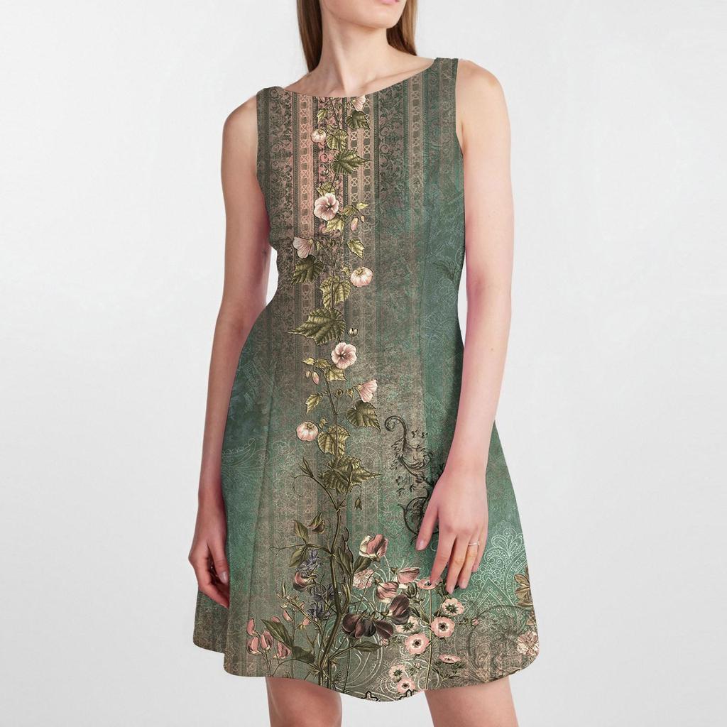 Women's Fashionable Casual Printed Sleeveless Round Neck Dress Sleeveless Round Neck Dress
