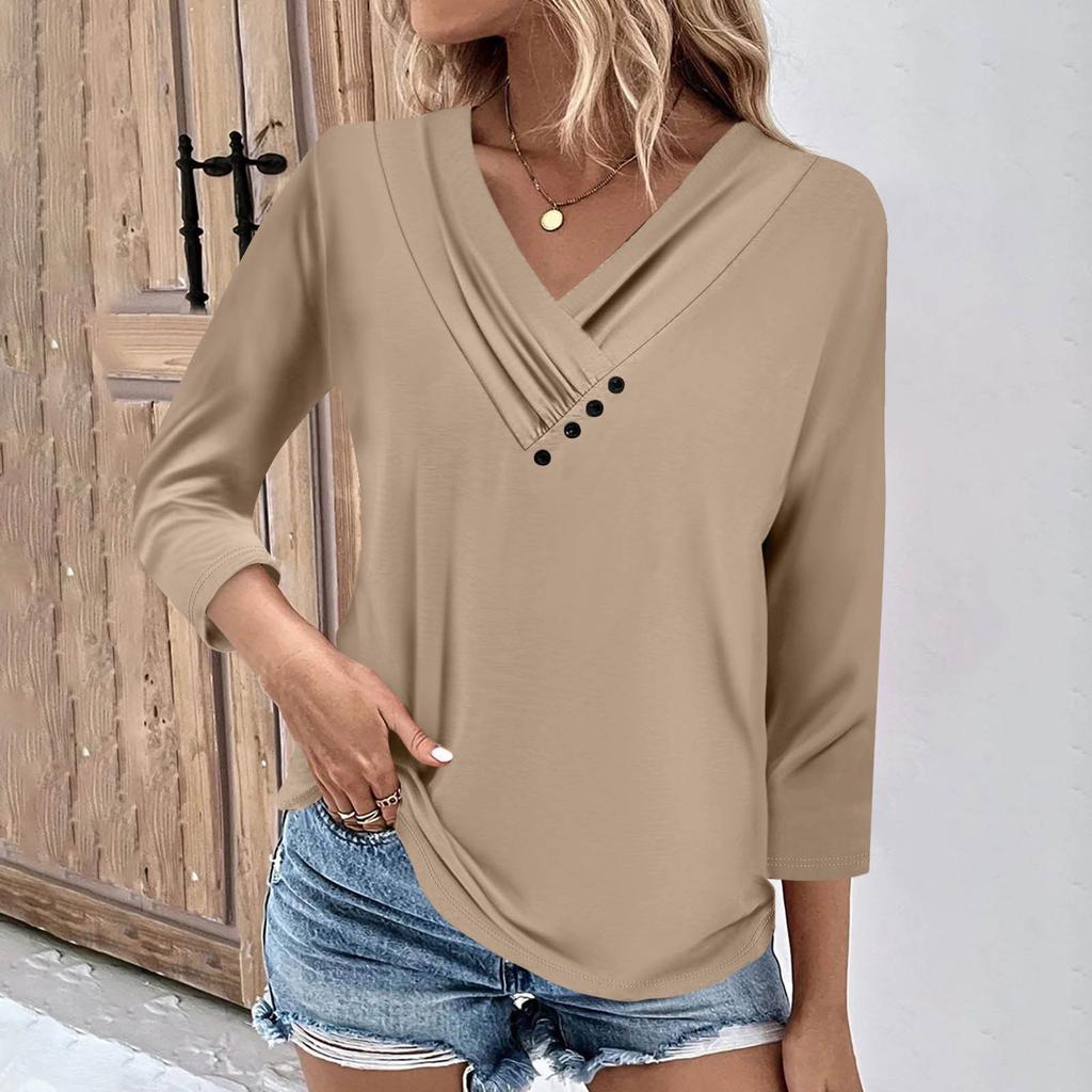 Womens 3/4 Sleeve Daily Weekend V Neck Casual Printed Tshirts Loose Fit Pleated Tees Ladies Blouse