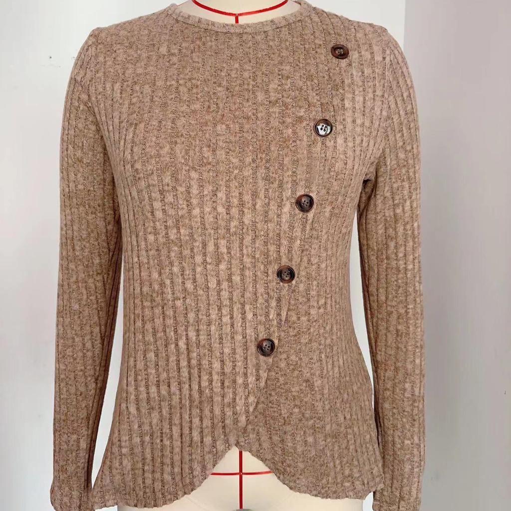 Женская эластичная трикотажная футболка с круглым вырезом в рубчик, модная однотонная футболка на пуговицах с нерегулярным низом